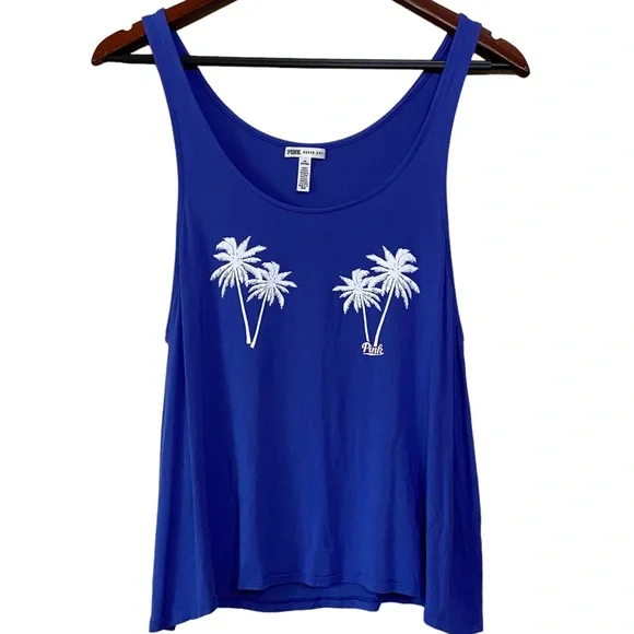 4/$24 PINK Victoria Secret Royal Blue Palm Tree Tank Size Medium - Picture 1 of 6